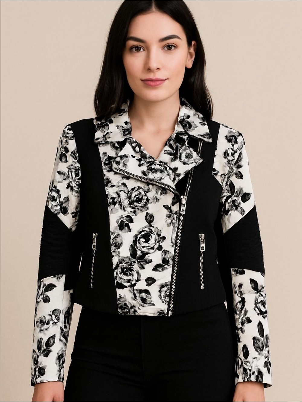 Aritzia Wilfred Black White Floral Montesson Moto Crepe Jacket - Sz 6